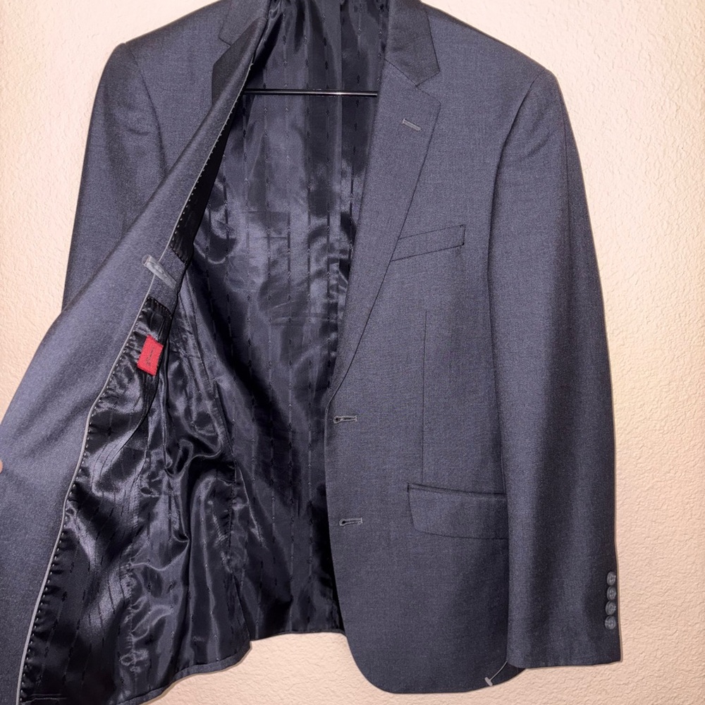 Elegant slim fitted Renoir wool blend blazer formal black silk inside jacket